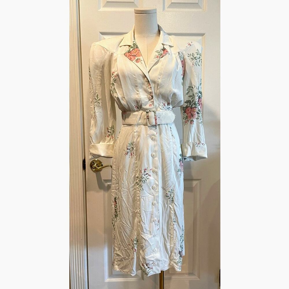 Vintage 80s 90s Floral Cabbage Rose Midi Shirt Dress w Belt Cottagecore Size 6